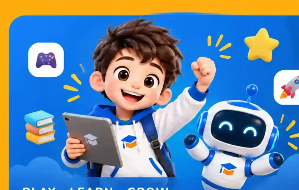 Aiman dan robot maskot SmartStudy Play untuk hero halaman Play